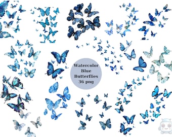 Pode incluir: Um download digital de 36 ilustrações de borboletas azuis em aquarela. As borboletas são de vários tamanhos e posições, algumas voando em um padrão circular.  Aquarela Borboletas Azuis 36 png