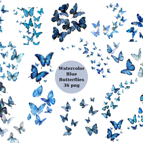 Watercolor blue Butterflies Clipart, PNG digital files on a transparent background, scrapbook, sublimation, commercial use