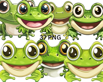 Cute Cartoon Frog Clipart Set , 37 Adorable Green Frogs PNG, Transparent Background,Commercial Use, Instant Download