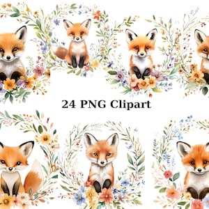 24 Floral Foxes Watercolor Clipart, Animal Clipart, PNG individual images on transparent background, sublimation