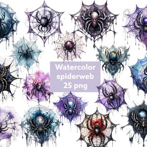 May include: A set of 25 watercolour spiderweb illustrations. Each web is unique and features a spider in the centre. The webs are in various colours, including blue, purple, pink, and green. The spiders are black and have eight legs.