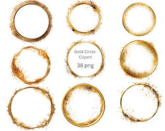Clipart di cornici rotonde glitter in lamina d'oro, clipart logo, modello logo, cerchi dorati, file PNG su sfondo trasparente, download immediato