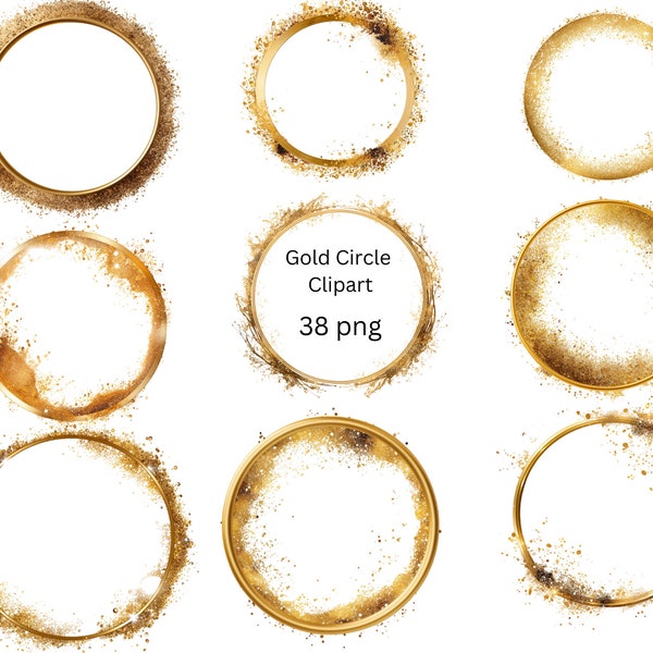 Gold foil glitter round frames clipart, Logo clipart, Logo template, Gold Circles, PNG files on transparent background, instant download