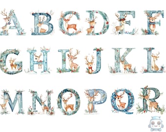 Winter Reindeer Alphabet Clipart, A-Z PNG Letters on Transparent Background, Watercolor Christmas Font for Crafts & Decor