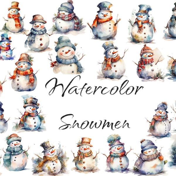 Watercolor Snowmen, PNG digital files on a transparent background, scrapbook, invitations, commercial use, instant download