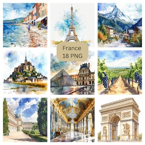Aquarelle France Clipart, images individuelles PNG sur fond transparent, sublimation, usage commercial