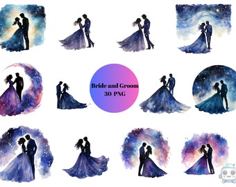 30 Bride and Groom Watercolor Clipart, Wedding Clipart, PNG individual images on transparent background, sublimation, commercial use