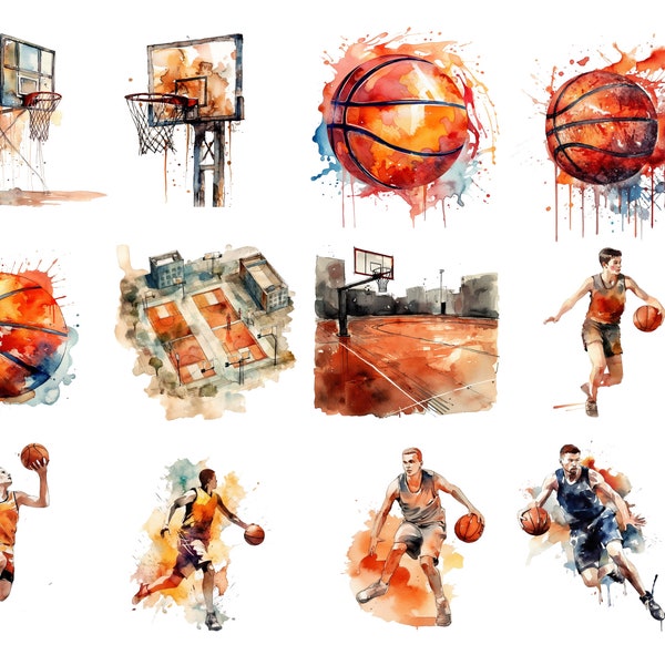 Basketball bundle, Watercolour, 20 PNG images, transparent background, high quality, clipart, 12x12, commercial use