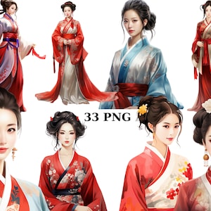 33 Clipart ad acquerello di donne cinesi, Clipart Cina, Clipart persone, singole immagini PNG su sfondo trasparente, sublimazione