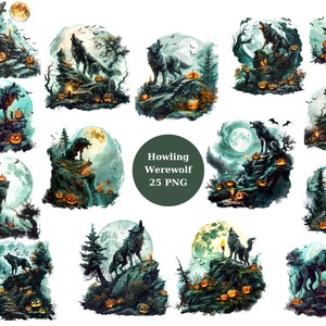 Howling Werewolf Watercolor Clipart, Halloween Clipart, PNG individual images on transparent background, sublimation