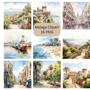Acquerello Malaga Clipart, bellissima Clipart Spagna, file digitali PNG su sfondo trasparente, sublimazione, uso commerciale