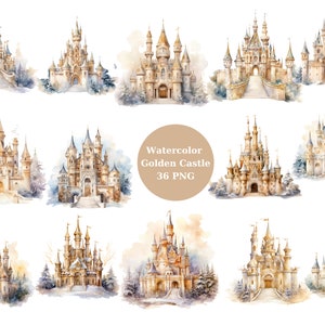 Acquerello 36 Princess Golden Castle Clipart, file digitali PNG su sfondo trasparente, sublimazione, uso commerciale