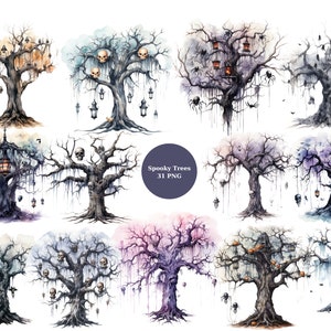 Könnte beinhalten: Ein Set mit 31 gruseligen Aquarell-Illustrationen von Bäumen mit Schädeln, Laternen und Spinnen. Die Bäume sind in verschiedenen Blautönen, Lila und Grau gehalten. Der Text "Spooky Trees 31 PNG" ist in der Mitte des Bildes sichtbar.