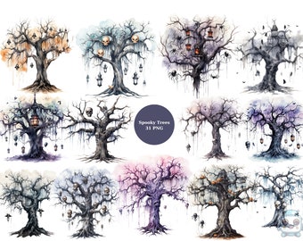 31 Spooky Trees Watercolor Clipart, Halloween Clipart, PNG individual images on transparent background, sublimation