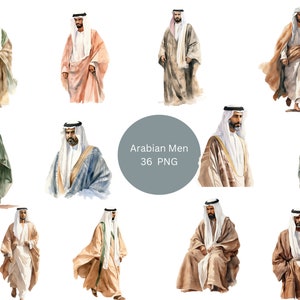 36 Arabian Men Watercolor Clipart, Arabia Clipart, PNG individual images on transparent background, sublimation