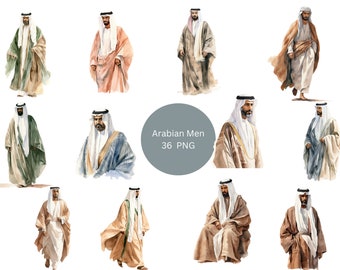 36 Arabian Men Watercolor Clipart, Arabia Clipart, PNG individual images on transparent background, sublimation