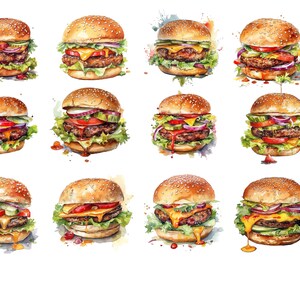 Aquarelle Burgers Clipart, 27 images PNG juteuses, haute qualité, fond transparent, 12 x 12, utilisation commerciale