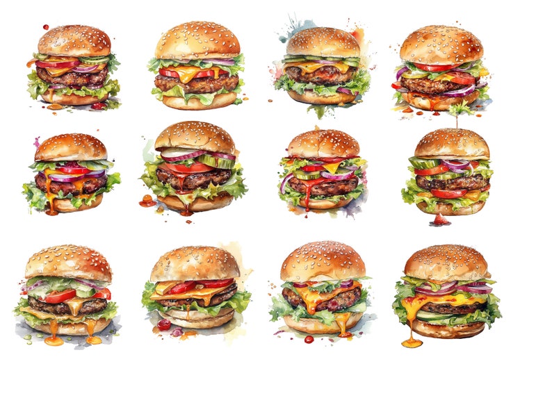 Aquarell Burger Clipart, 27 saftige PNG-Bilder, hohe Qualität, transparenter Hintergrund, 12x12, kommerzielle Nutzung Bild 1