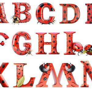 Clipart alfabeto coccinella, alfabeto coccinella, sfondo trasparente, alta qualità, clipart, 12x12, uso commerciale