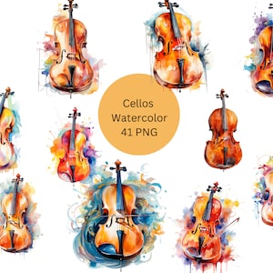Watercolor Cellos Clipart, PNG digital files on transparent background, sublimation, commercial use