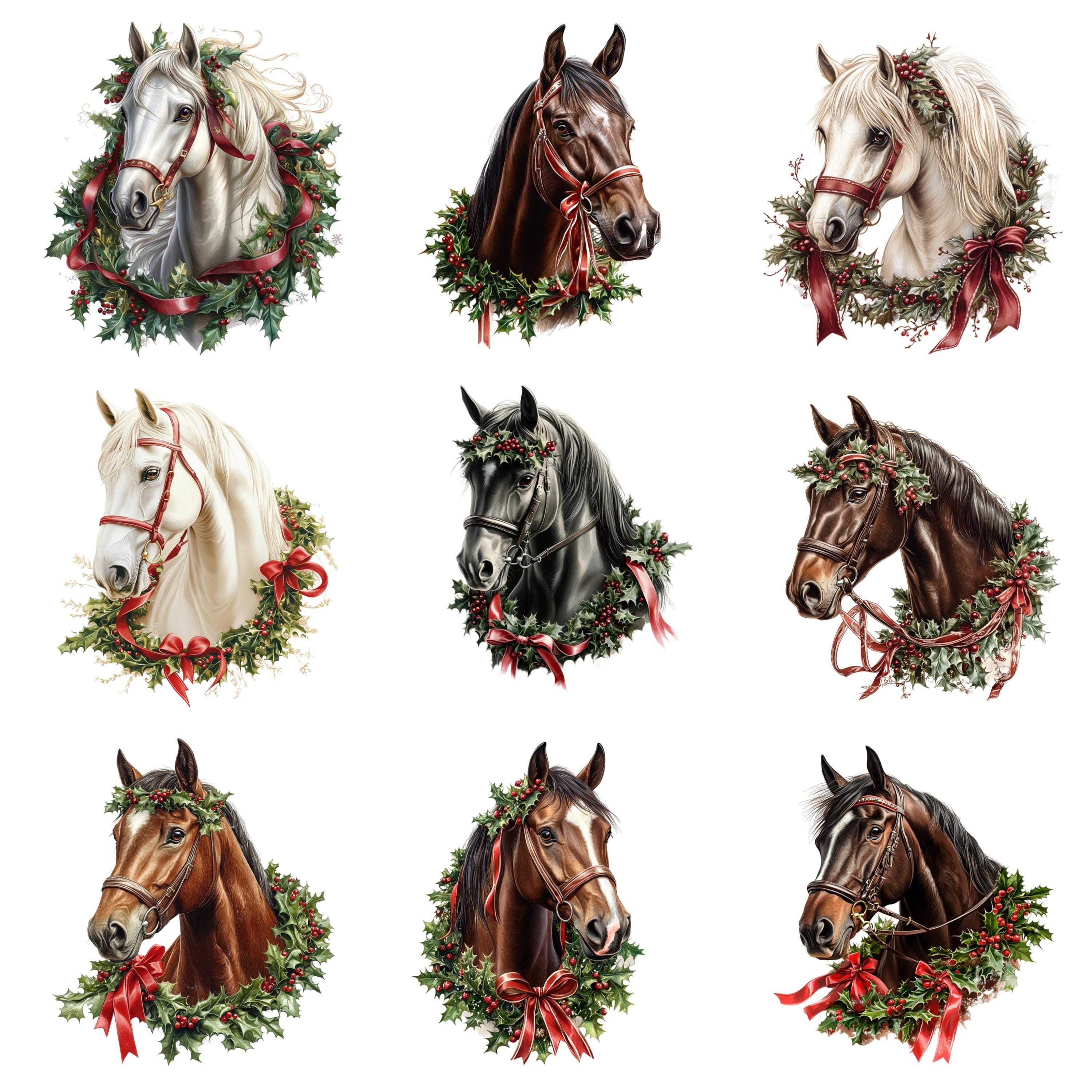 28 Horses With Festive Garlands Watercolor Clipart, Christmas Clipart ...