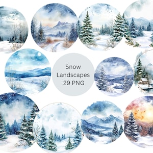 Acuarela Paisajes de Nieve Marco Redondo Clipart, imágenes individuales PNG, uso comercial, fondo transparente, sublimación