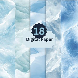 May include: A set of 18 digital papers featuring abstract blue and white watercolor-like designs. The papers are perfect for creating backgrounds, scrapbooking, and other creative projects.