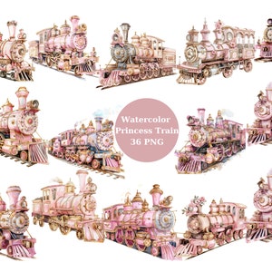 Acuarela 36 Princess Train Clipart, archivos digitales PNG sobre fondo transparente, sublimación, uso comercial