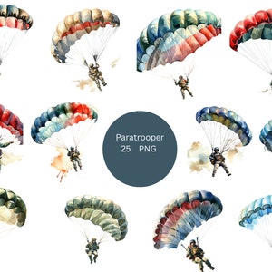 25 Paratroopers Watercolor Clipart, Military Clipart, PNG digital files on transparent background, sublimation, commercial use