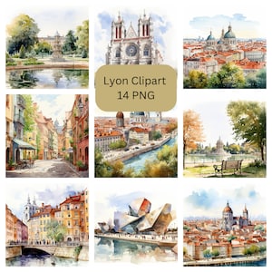 May include: A collection of 14 watercolor paintings depicting various scenes of Lyon, France. The paintings feature iconic landmarks, charming streets, and picturesque views of the city.