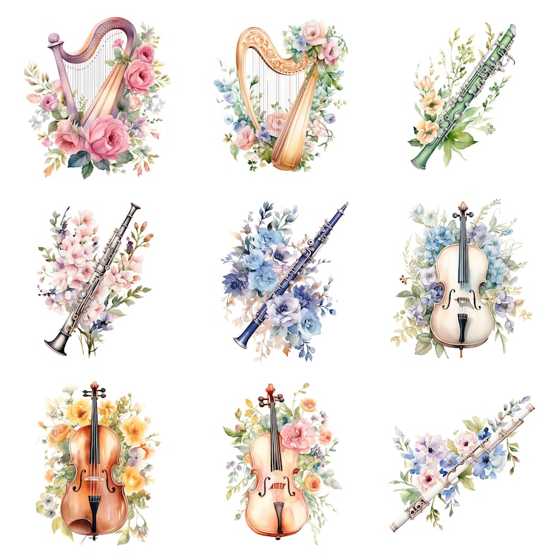 Watercolor Floral Instruments Clipart, PNG Digital Files on Transparent ...