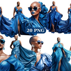 20 Bald Black Women in Blue Clipart, Women of Color, Blue Fashion, PNG individual images on transparent background