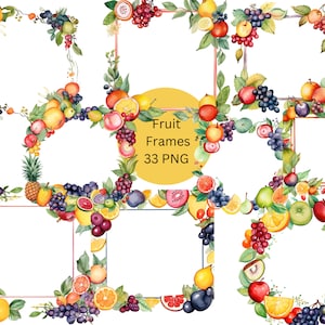 Aquarelle Fruit Frames Clipart, Logo Clipart, fichiers numériques PNG sur fond transparent, sublimation, utilisation commerciale