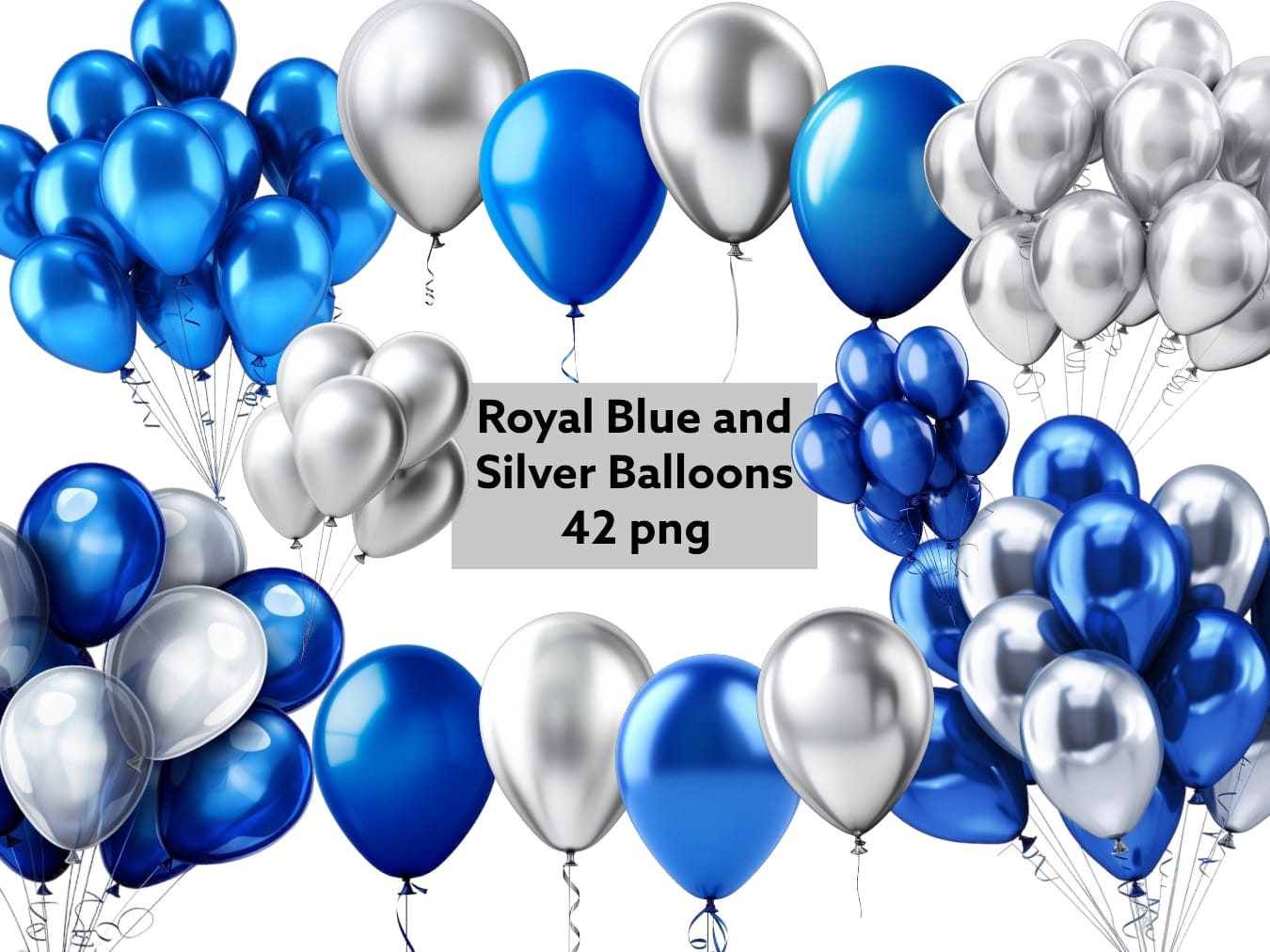 Blauwe en zilveren ballonnen, blauwe ballonnen, zilveren ballonnen, transparante achtergrond, hoge kwaliteit, clipart, 12x12, commercieel gebruik