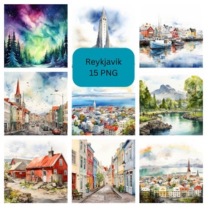 Aquarell Reykjavik Clipart, PNG Einzelbilder auf transparentem Hintergrund, Sublimation, kommerzielle Nutzung