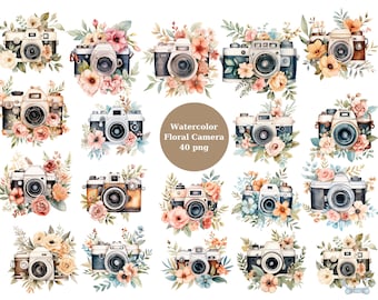 Watercolor Floral Camera, Vintage Camera,  PNG digital files on transparent background, sublimation, commercial use