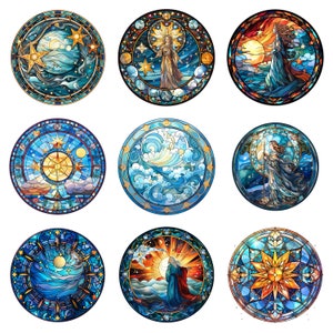 May include: Nine round stained glass designs featuring celestial and nautical themes. Each design features a different color palette and intricate details, including stars, moons, waves, and figures.