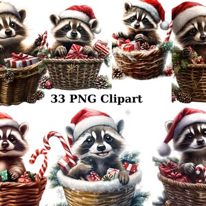 33 ratons laveurs de Noël dans des paniers Clipart aquarelle, clipart Noël, images individuelles PNG sur fond transparent, sublimation