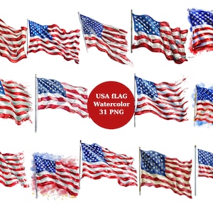 Aquarell 31 USA Flagge Clipart, PNG Einzelbilder auf transparentem Hintergrund, Sublimation, kommerzielle Nutzung