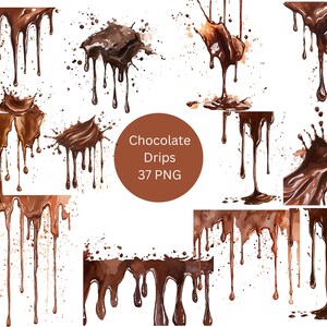 May include: A collection of 37 digital images of chocolate drips and splatters. The images are in a watercolor style and are perfect for adding a touch of sweetness to your designs.