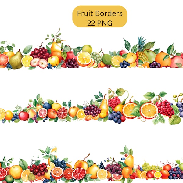 Aquarelle Fruit Borders Clipart, fichiers numériques PNG sur fond transparent, sublimation, utilisation commerciale
