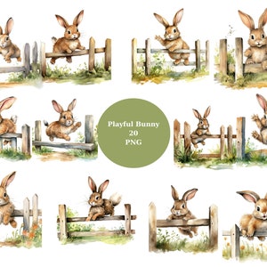 20 Playful Bunnies Watercolor Clipart, Easter Clipart, PNG individual images on transparent background, sublimation