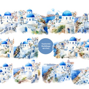 40 bâtiments de Santorin aquarelle Clipart, clipart Grèce, images individuelles PNG sur fond transparent, sublimation