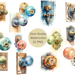 May include: Watercolor illustrations of various antique door knobs. The knobs feature a variety of colors, including gold, blue, green, and red. The image includes the text "Door Knobs Watercolor 31 PNG".
