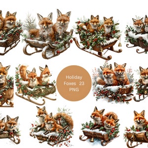 23 renards sur le traîneau Clipart, clipart Noël, images individuelles PNG sur fond transparent, sublimation