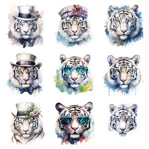 May include: Nine watercolor illustrations of white tigers wearing different accessories. The tigers are wearing hats, sunglasses, and bow ties. The illustrations are set against a white background with watercolor splatters.