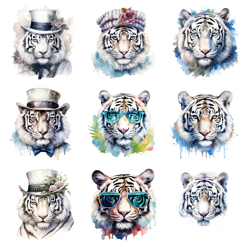 May include: Nine watercolor illustrations of white tigers wearing different accessories. The tigers are wearing hats, sunglasses, and bow ties. The illustrations are set against a white background with watercolor splatters.