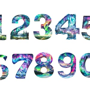 Acquerello Northern Lights Numbers Clipart, Aurora PNG singole immagini su sfondo trasparente, sublimazione, uso commerciale