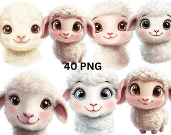 Cute Sheep Clipart Set – 40 PNG, Kawaii Lamb Illustrations, Farm Animal Stickers, Sublimation, Digital Download