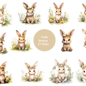 27 Cute Bunnies Watercolor Clipart, Easter Clipart, PNG individual images on transparent background, sublimation